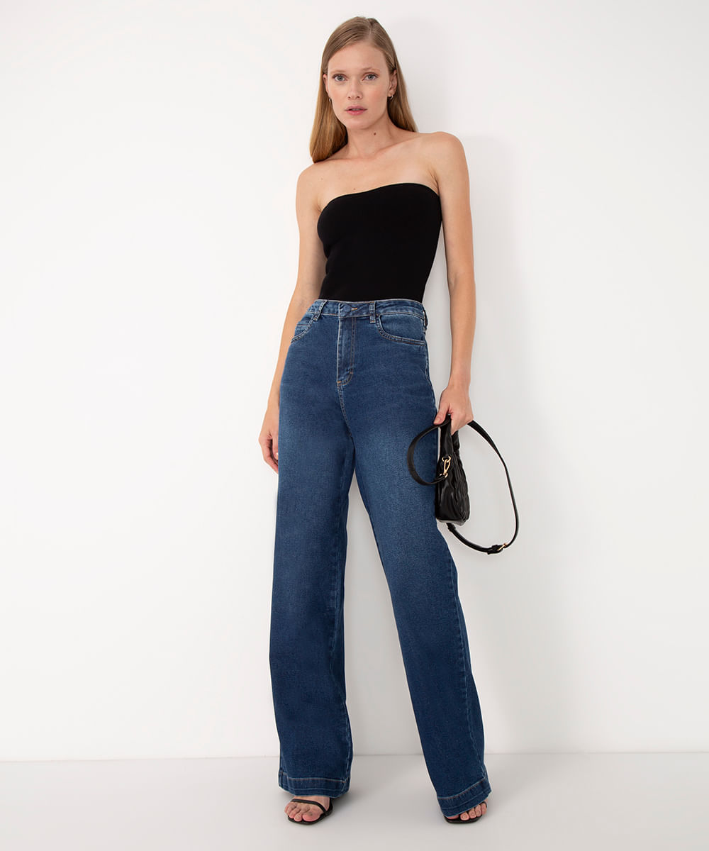 calça jeans wide leg cintura alta sawary azul escuro