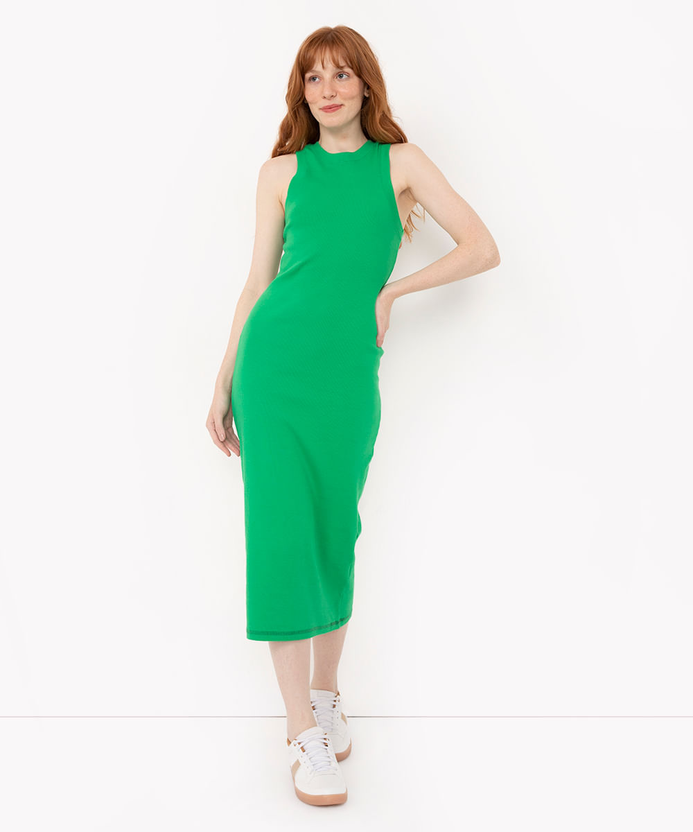 vestido básico midi decote halter neck verde