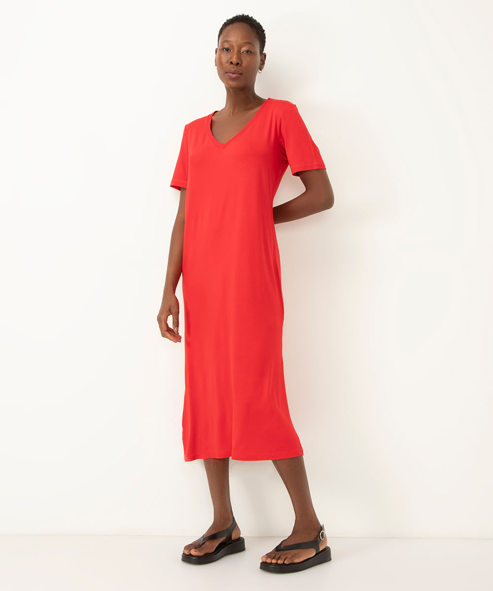 vestido midi básico de viscose decote v vermelho escuro