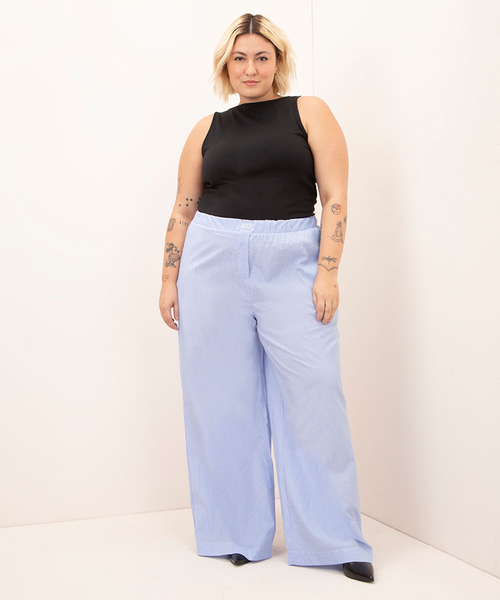 calça pajama listrada plus size cós elástico bordado mindset azul claro