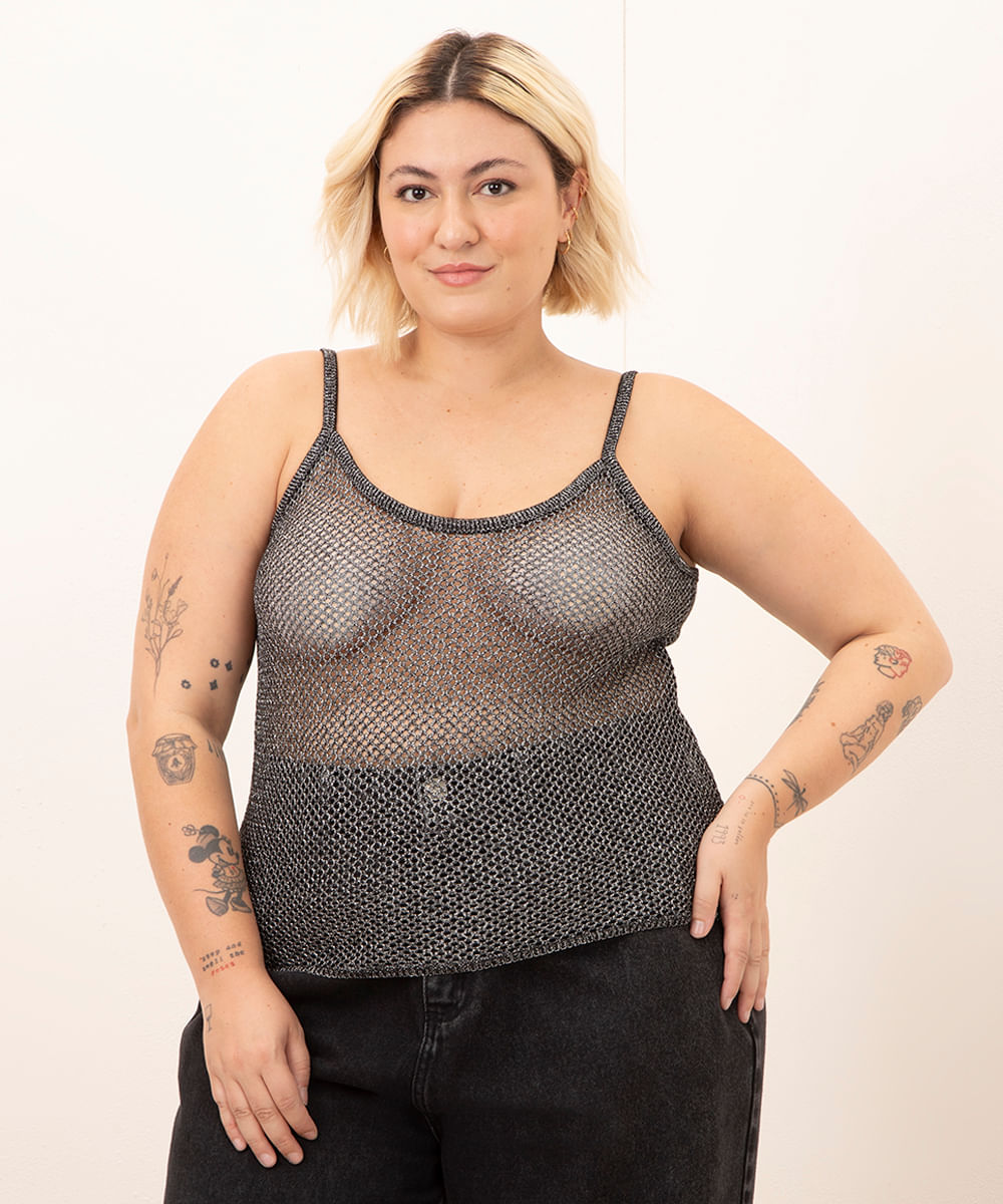 regata de tricot plus size com brilho alça fina mindset preto