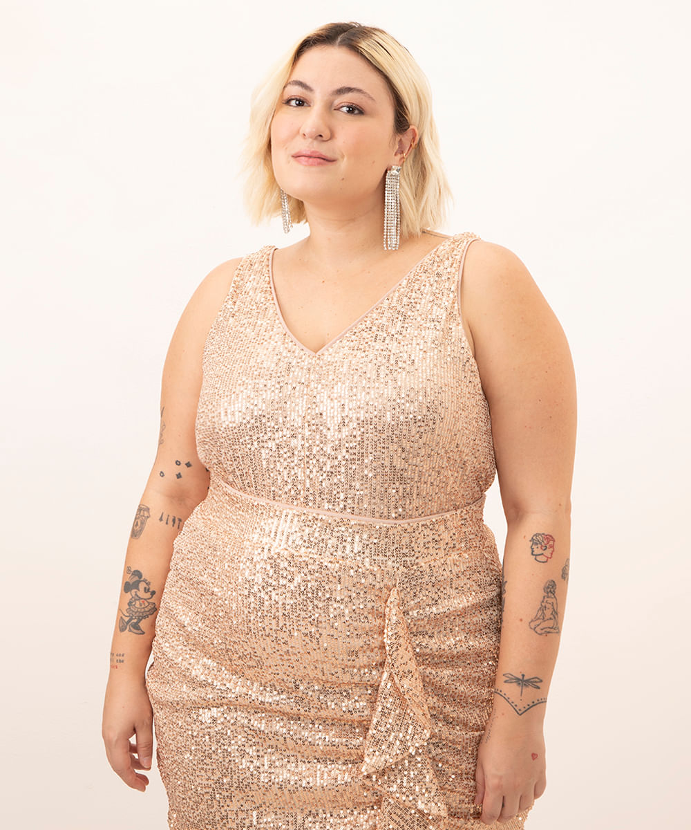 regata de paetê plus size alça média bronze