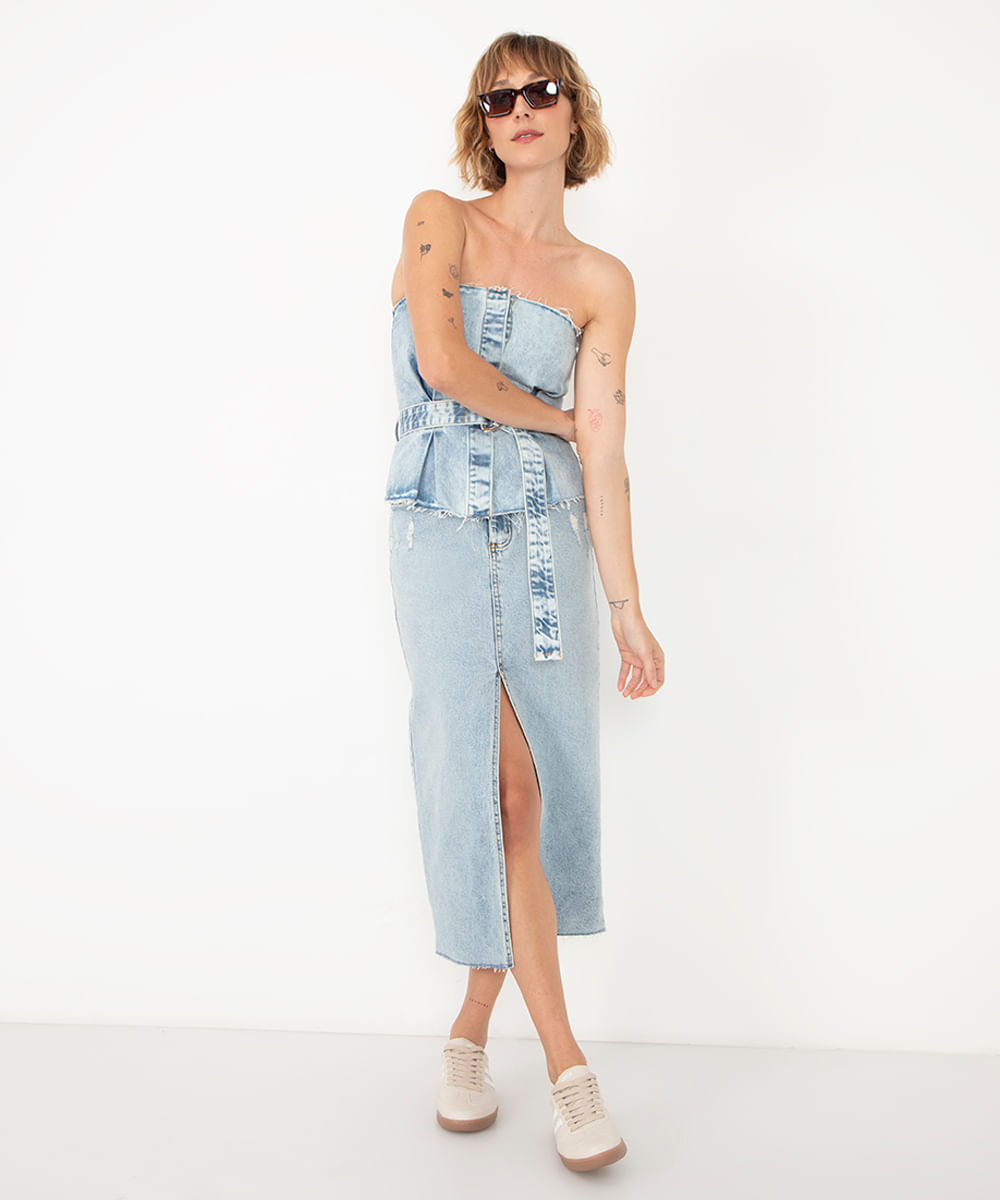 saia jeans midi com fenda cintura alta azul médio