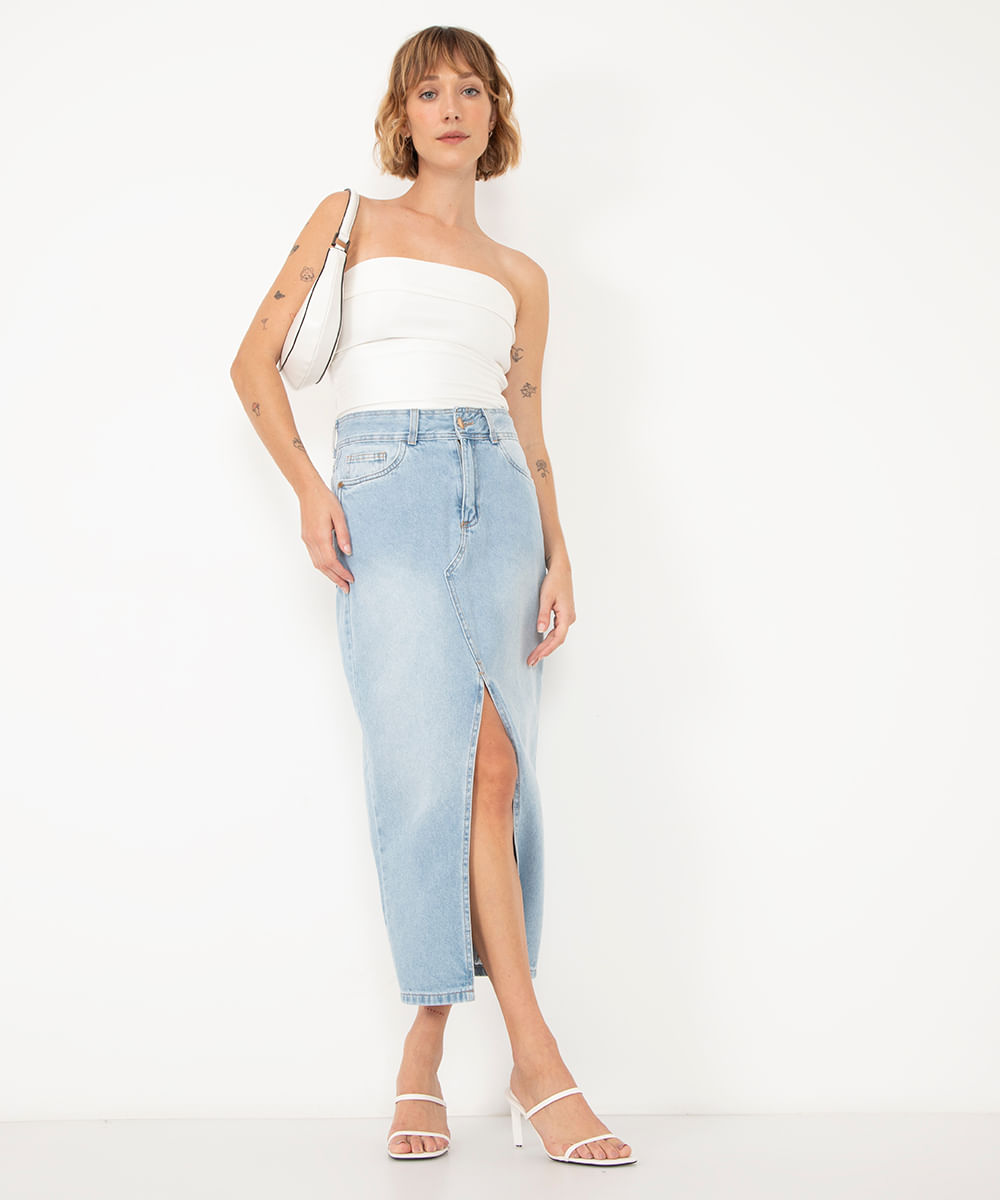 saia jeans midi cintura alta com fenda azul claro