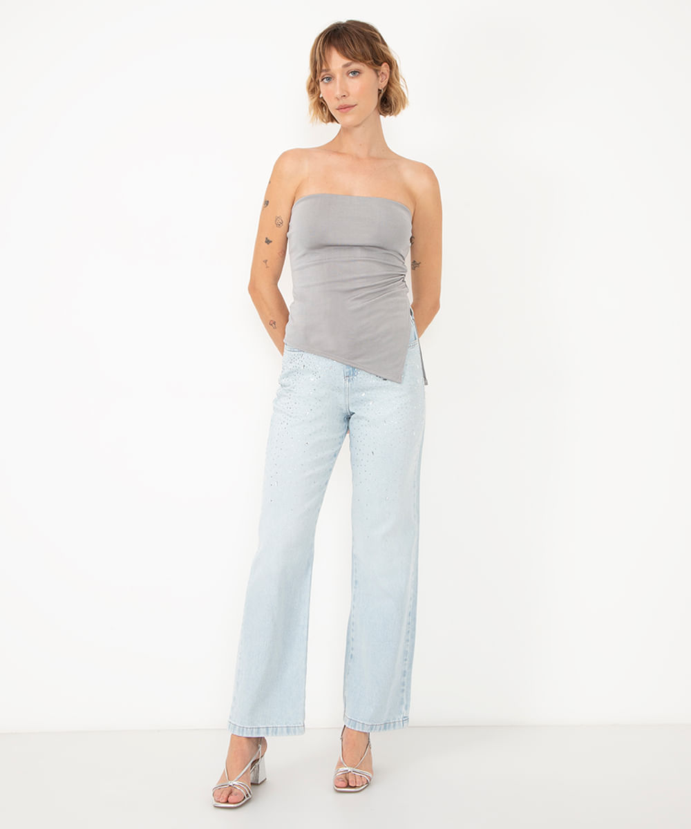 calça jeans wide leg cintura super alta com brilho azul claro