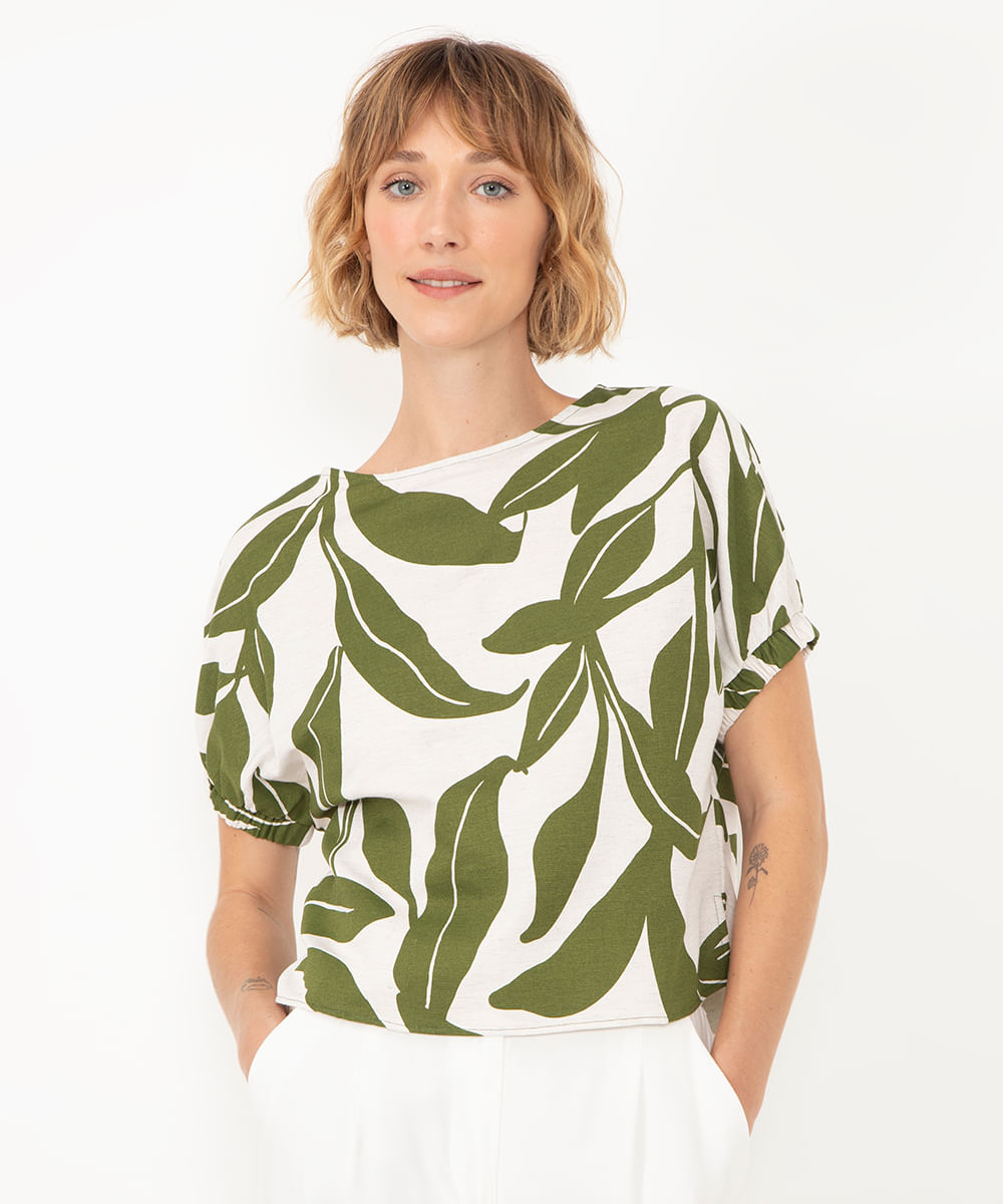 blusa de viscose floral com elástico manga curta off white