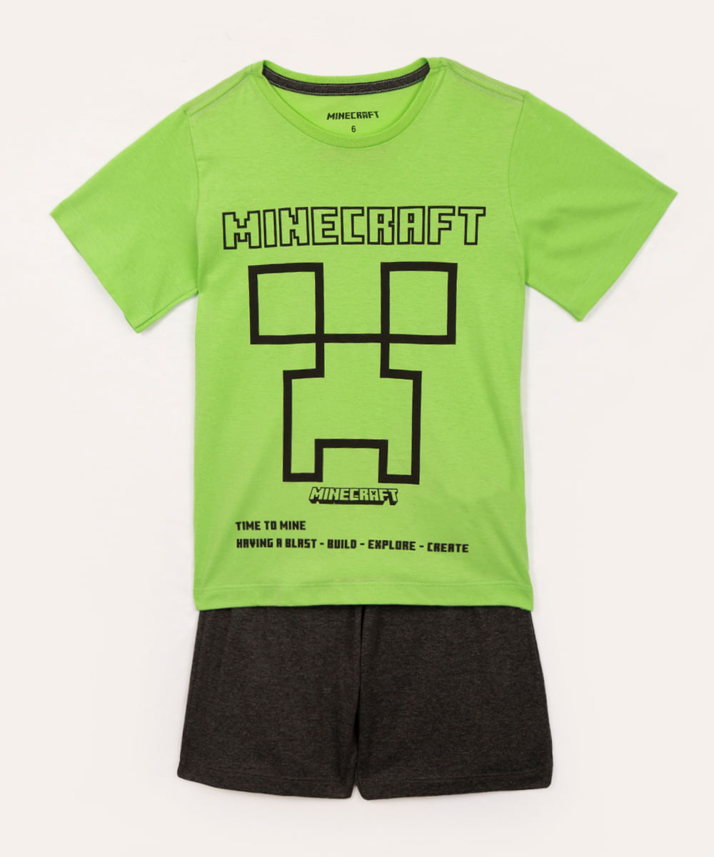 pijama de algodão infantil minecraft manga curta verde