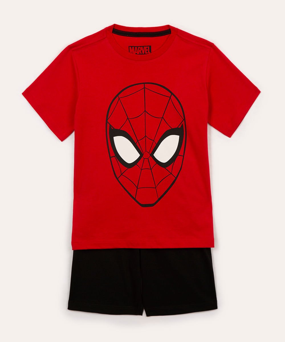 pijama infantil de algodão manga curta com short homem aranha vermelho