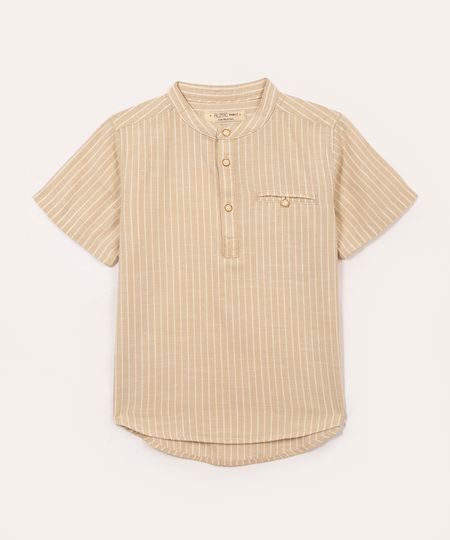 camisa de algodão infantil listrada manga curta bege 10