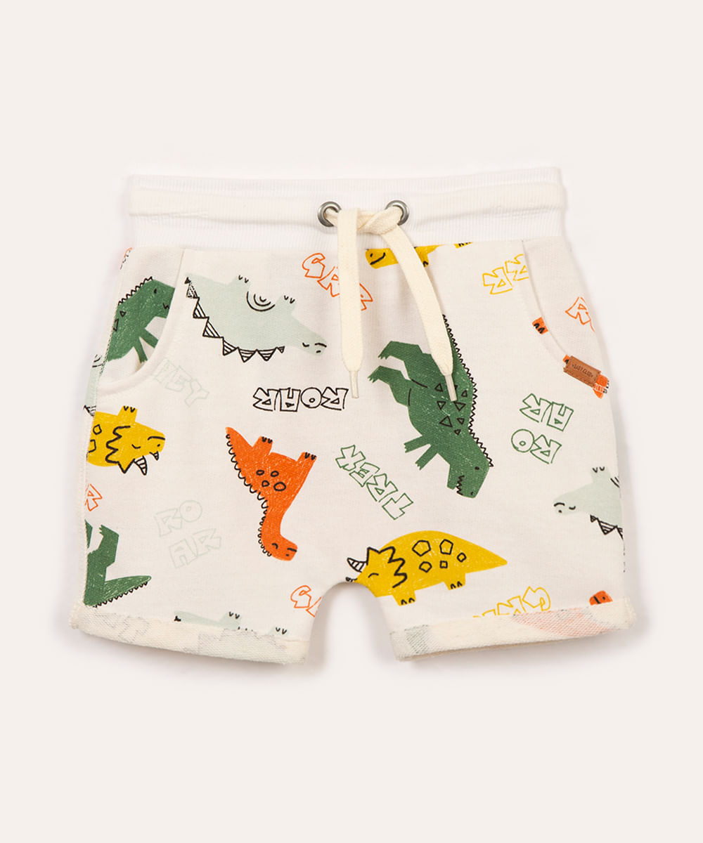 short de moletom infantil dinossauros com cordão off white