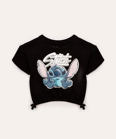 blusa de moletinho infantil stitch manga curta com cordão preto 4