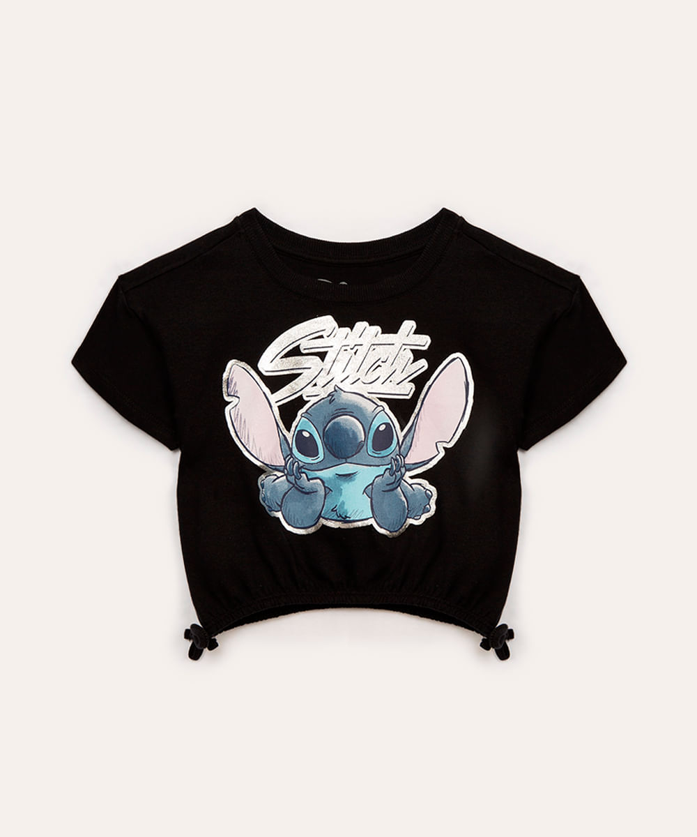 blusa de moletinho infantil stitch manga curta com cordão preto