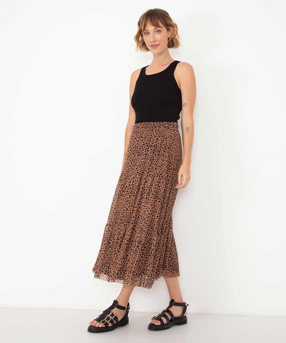 saia midi de tule animal print com recorte cintura alta caramelo