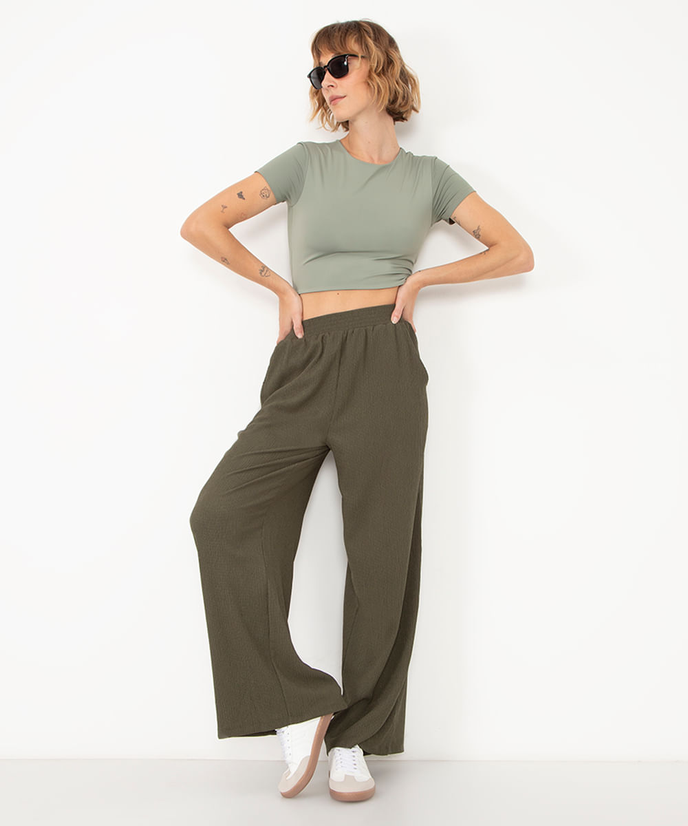 calça wide leg de malha texturizada verde