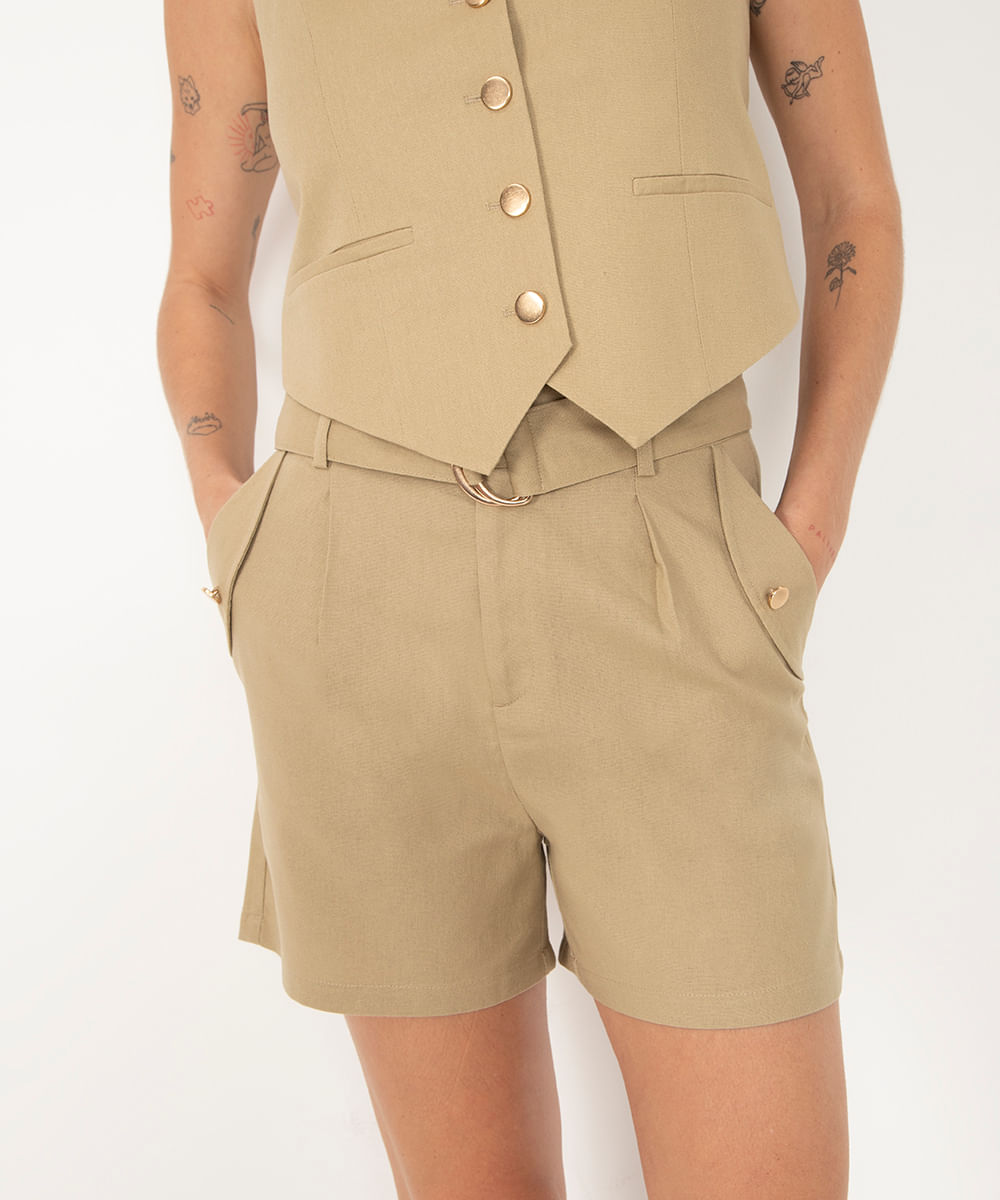 short de viscose cintura alta com cinto bege