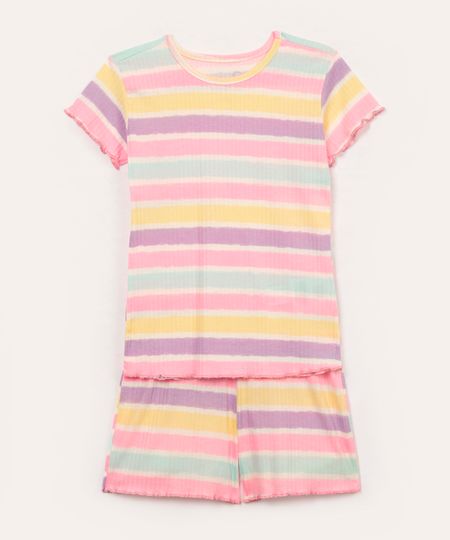 pijama infantil canelado listrado manga curta colorido 6
