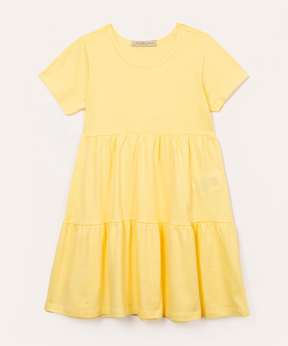 vestido infantil evasê com glitter amarelo