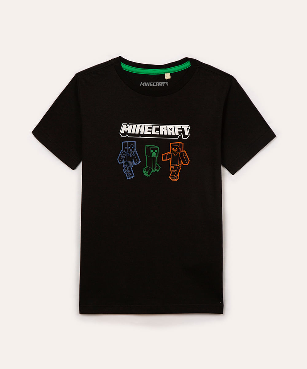 camiseta infantil minecraft de algodão manga curta preto