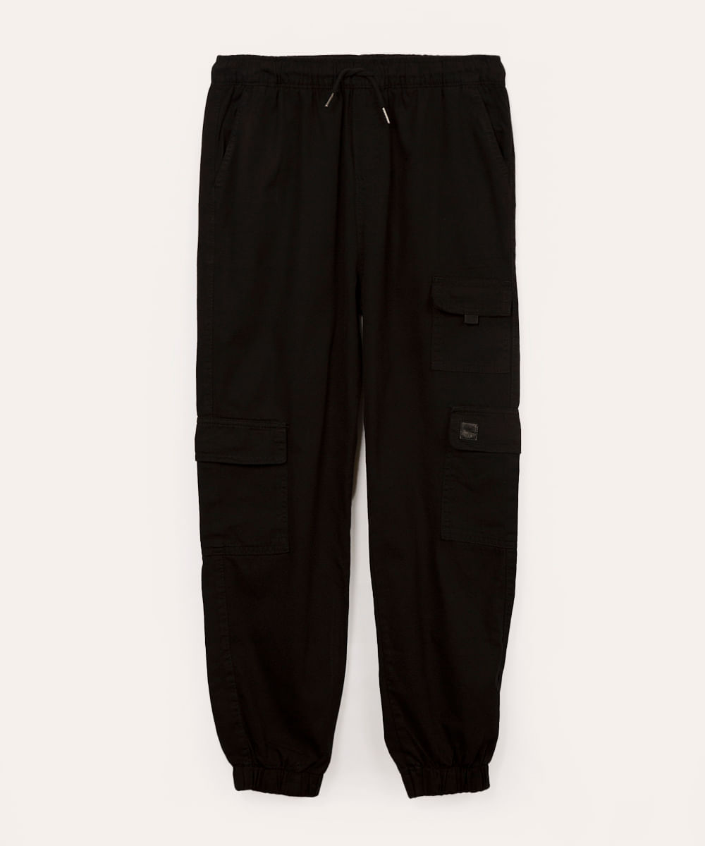 calça cargo juvenil de sarja com bolso preto