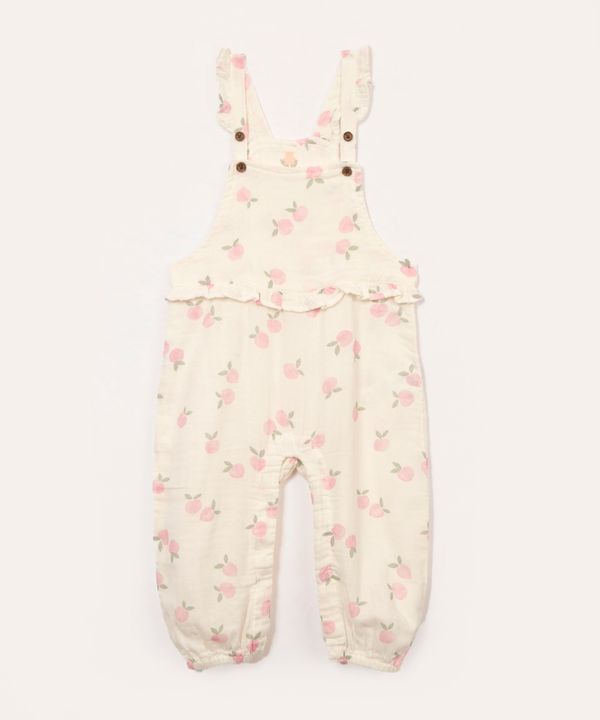 jardineira infantil de algodão pêssego com babado rosa 12-18