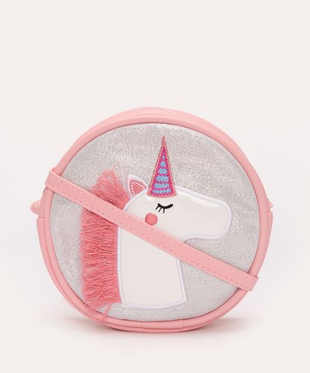 bolsa infantil transversal com glitter unicórnio rosa UNICO