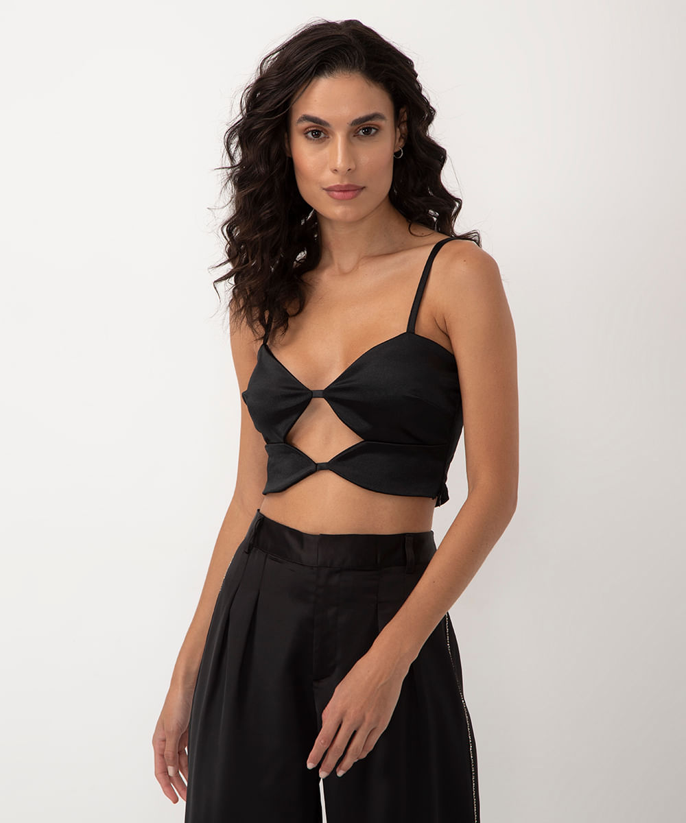 top cropped acetinado cut out alça fina preto