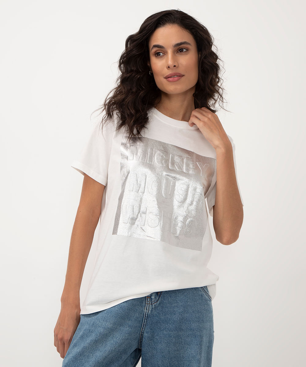 camiseta de algodão mickey metalizado manga curta off white