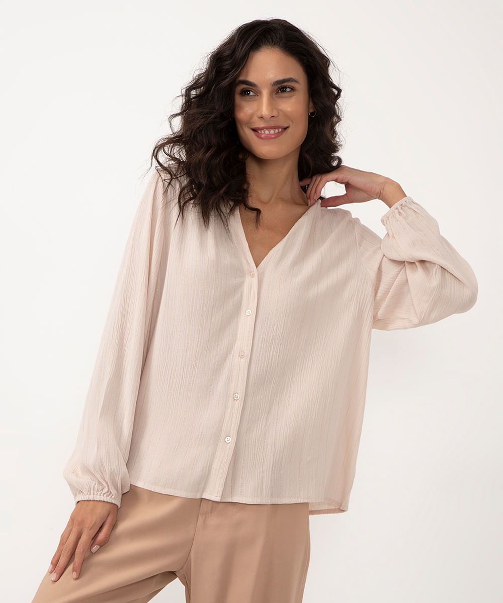 camisa de viscose com brilho manga longa areia