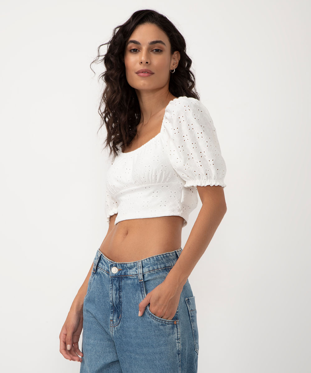 cropped de laise manga curta bufante off white