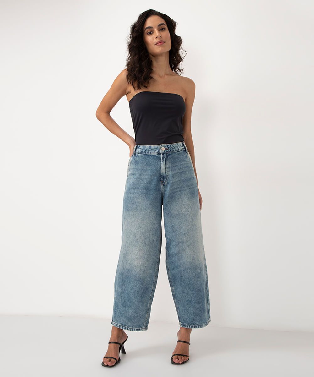 calça jeans baggy cintura média azul médio