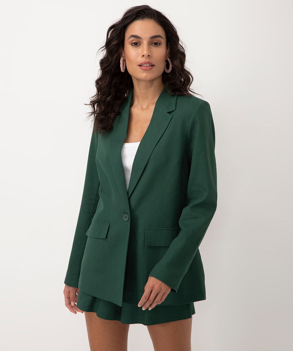 blazer alongado com linho manga longa verde