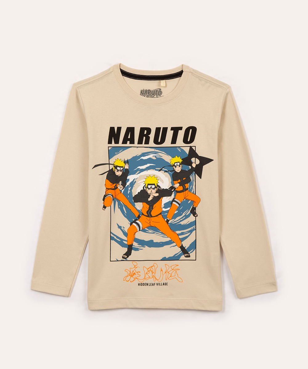 camiseta de algodão infantil naruto manga longa bege