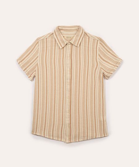 camisa de algodão juvenil listrada texturizada manga curta bege 10