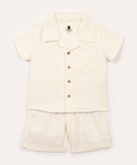 conjunto de algodão texturizado camisa manga curta off white 9-12