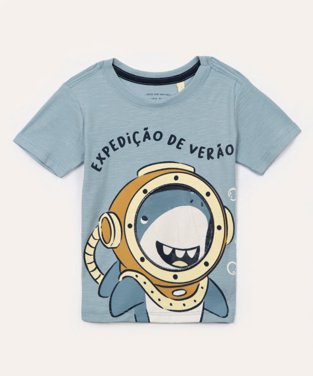 camiseta de algodão flamê tubarão interativo manga curta azul