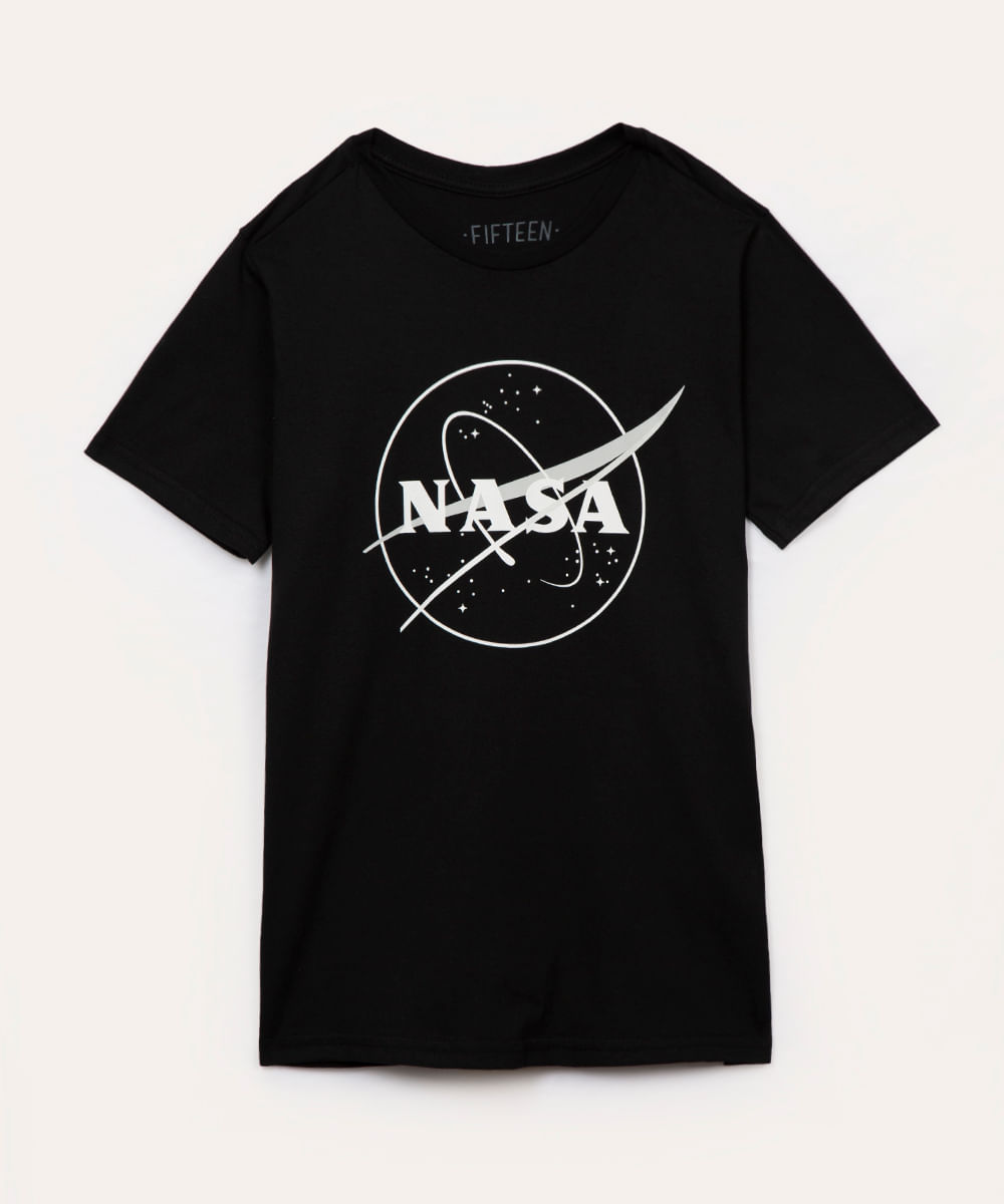 camiseta de algodão nasa manga curta preto