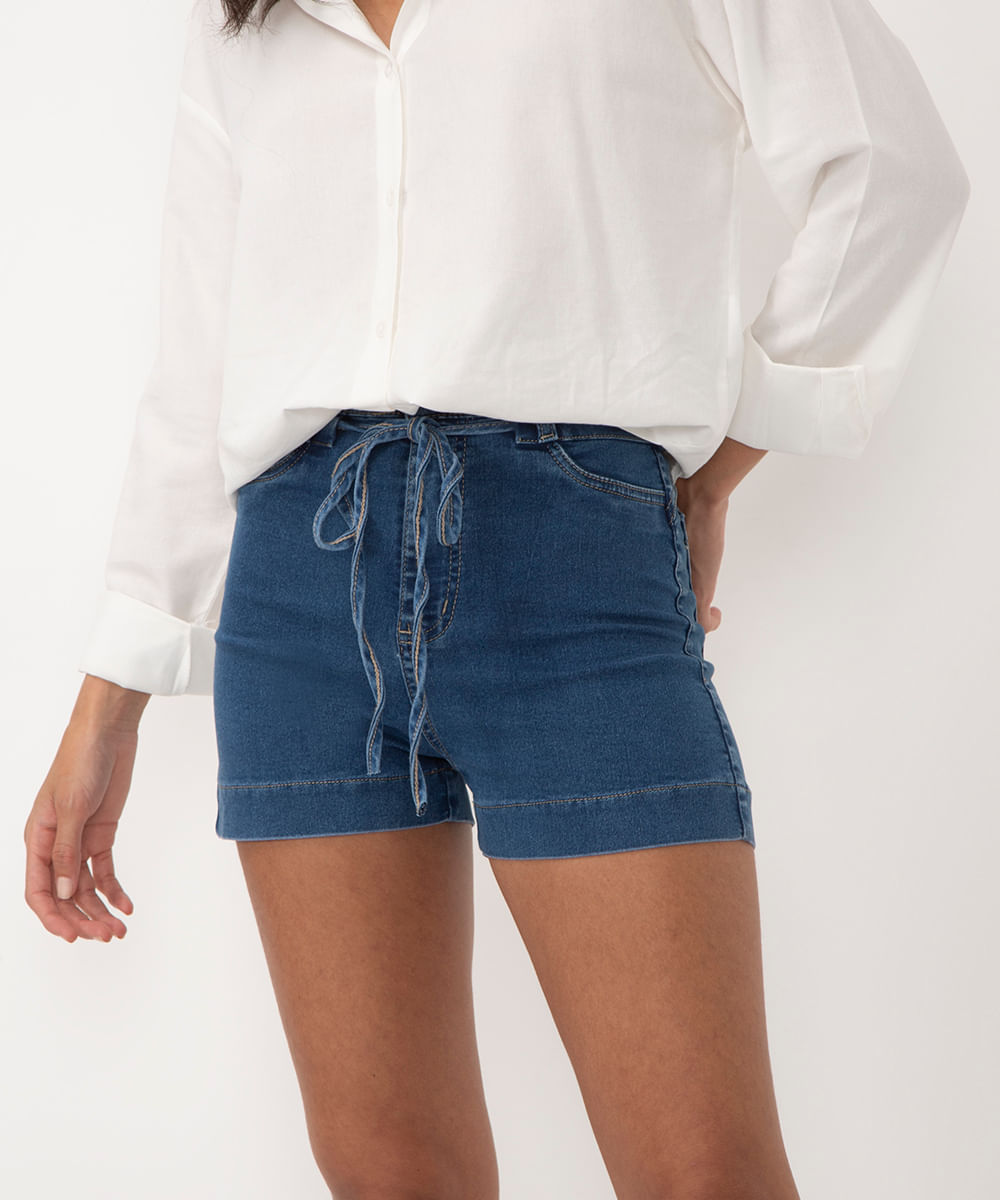 short jeans cintura alta com cordão sawary azul escuro