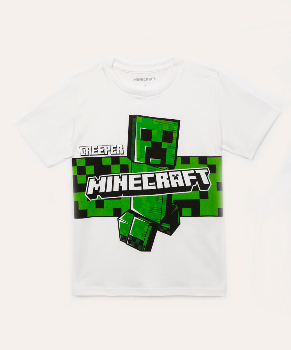 camiseta de algodão infantil minecraft manga curta off white