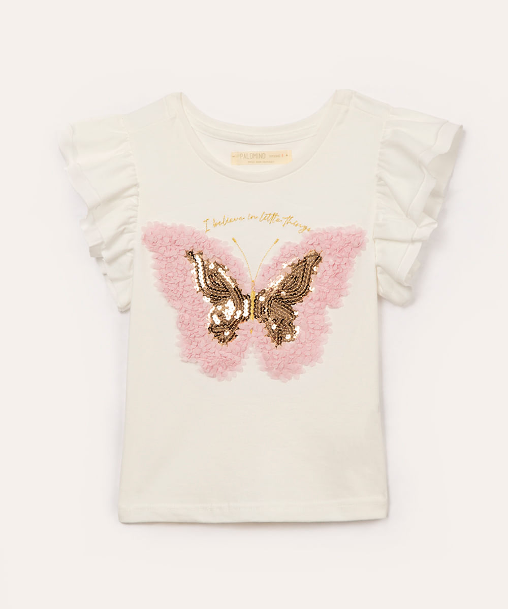 blusa infantil de algodão borboleta paetê manga babado off white