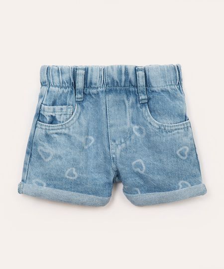 short jeans infantil coração cós elástico jeans claro 3-6