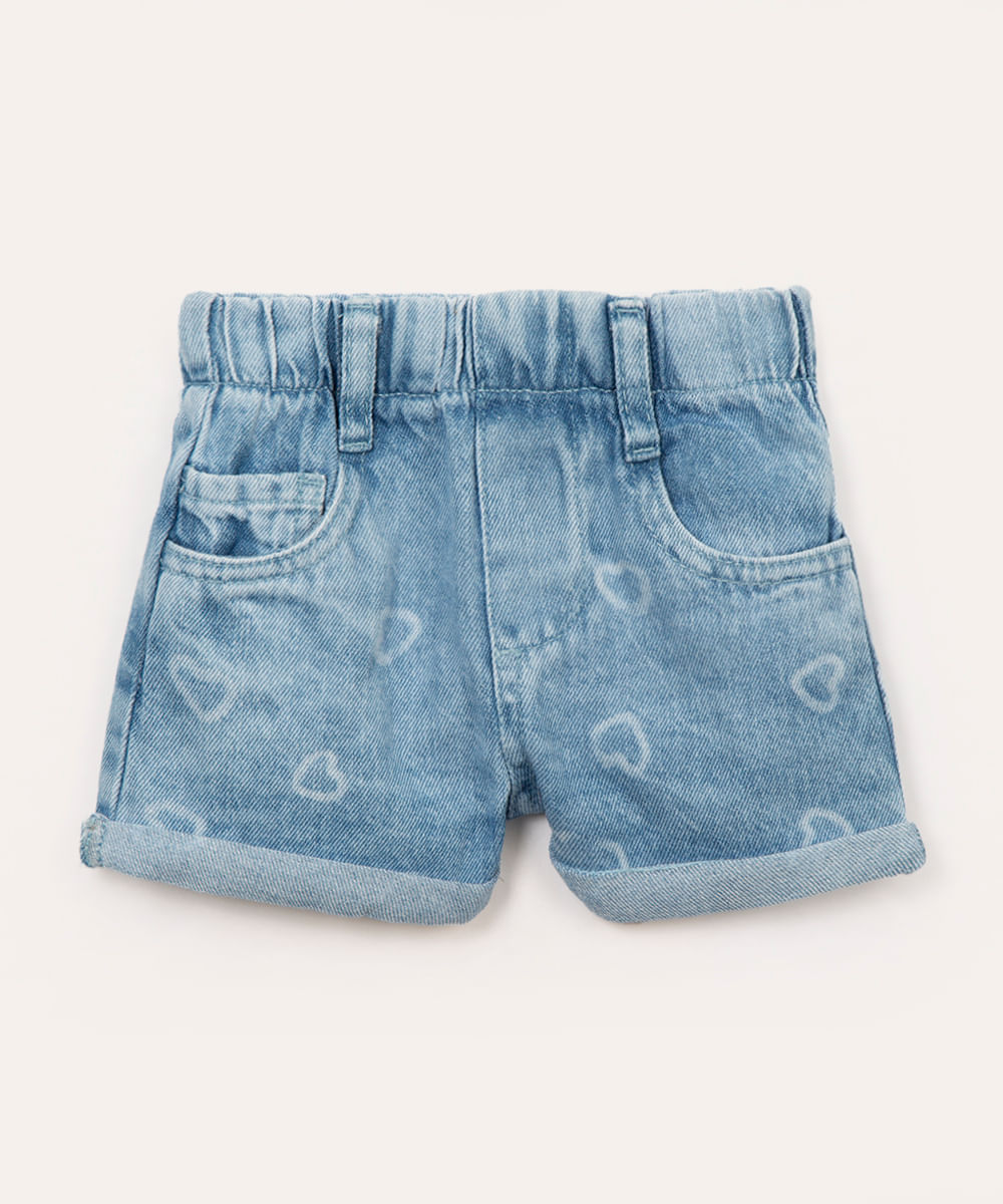 short jeans infantil coração cós elástico jeans claro