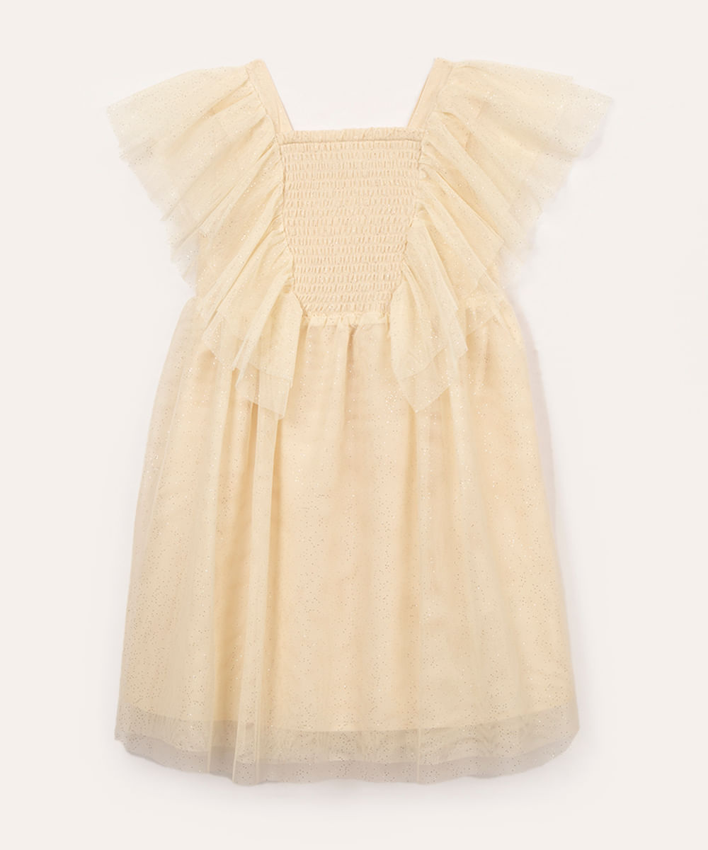 vestido de tule infantil com brilho e babado bege