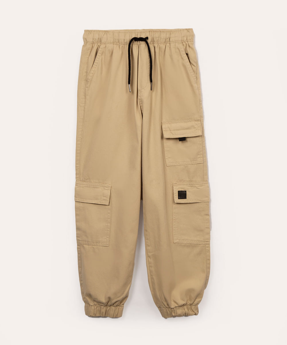 calça cargo juvenil de sarja com bolso kaki