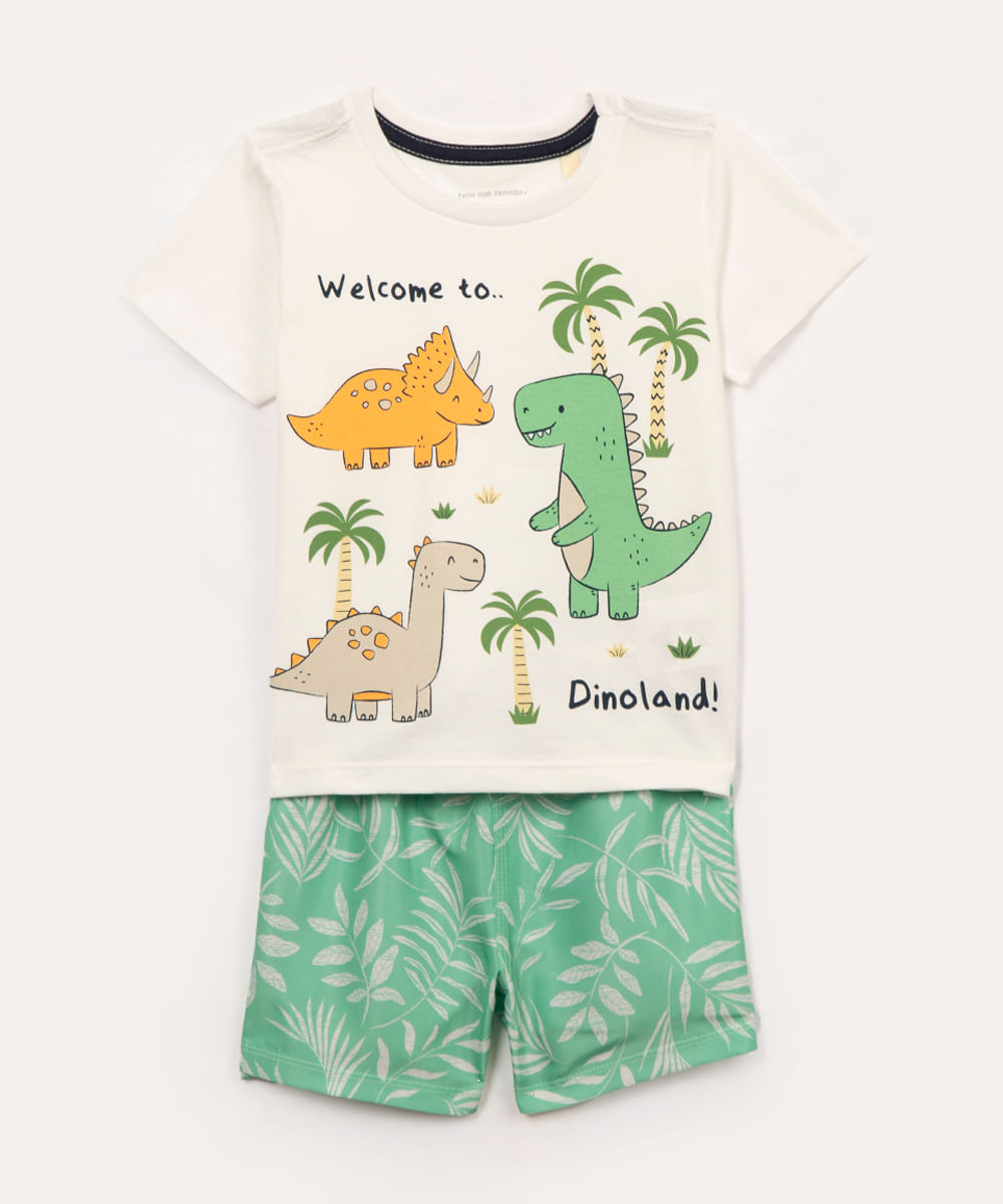 conjunto infantil dino folhagem manga curta off white