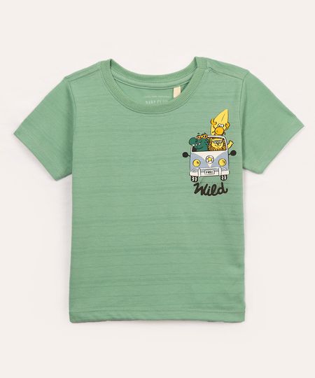 camiseta de algodão infantil bichos wild manga curta verde médio 2