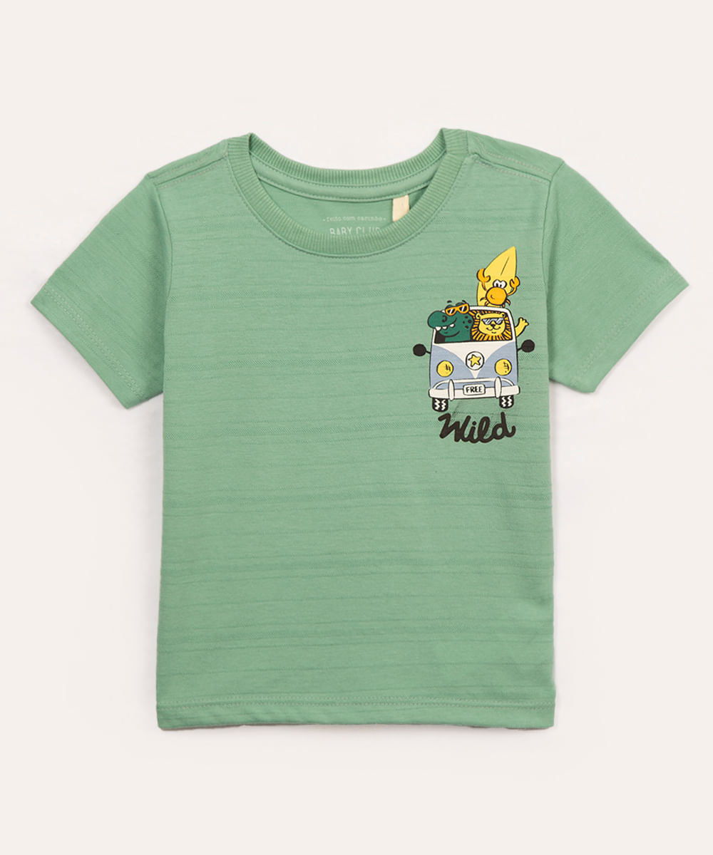 camiseta de algodão infantil bichos wild manga curta verde médio