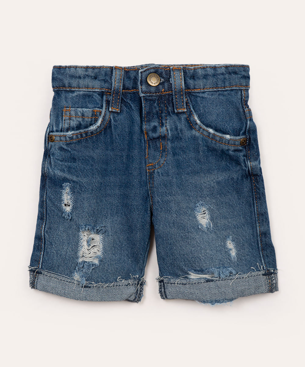 bermuda jeans infantil destroyed com bolso azul escuro