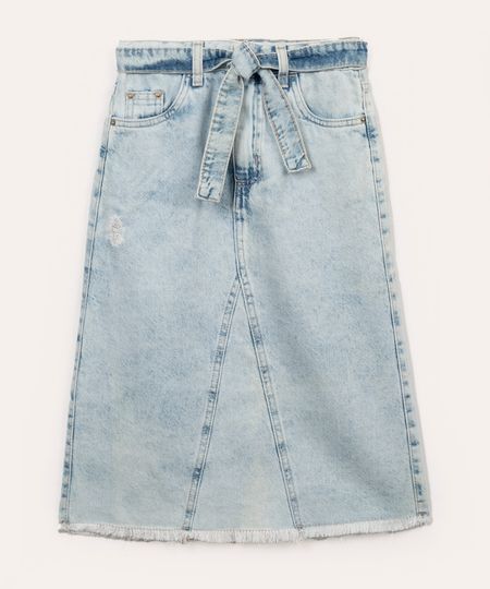 saia jeans infantil com recorte e faixa azul claro 10
