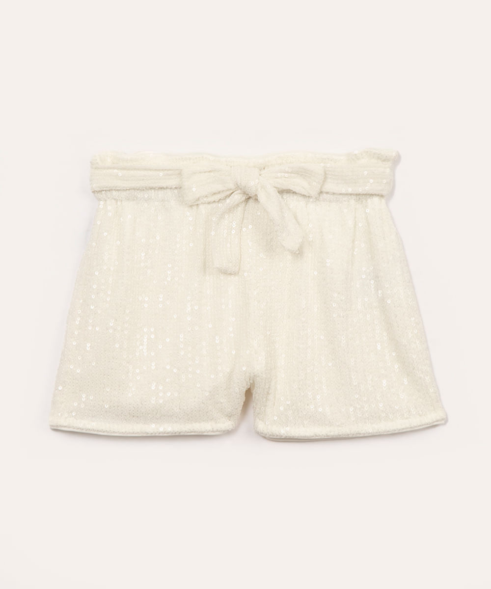 short de paetê infantil com faixa para laço off white