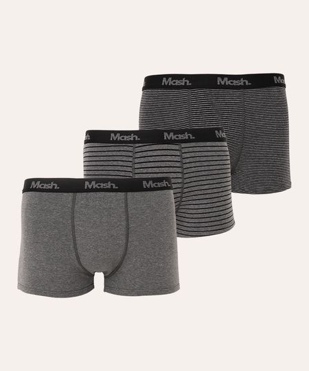kit de 3 cuecas boxer listradas mash cinza mescla escuro P kit de 3 cuecas boxer listradas mash cinza mescla escuro P